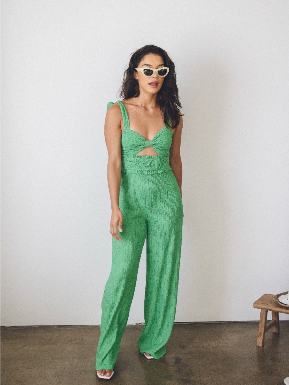 Green Wide-Leg Tie-Shoulder Jumpsuit